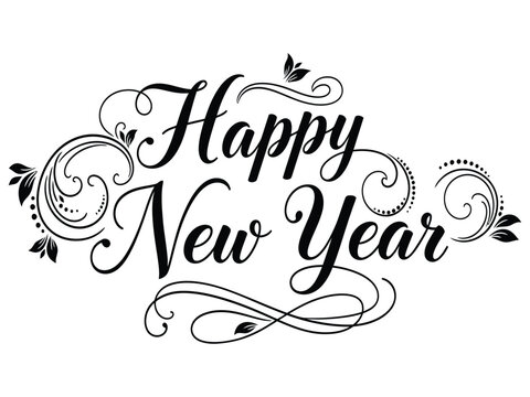 Happy New Year text with elegant floral and swirl decorative elements celebration typography Christmas