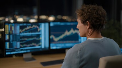 A stock trader livestreaming their morning market analysis, charts spiking across ultra-wide screens as they explain economic trends to an active chat — financial livestream content, real-time