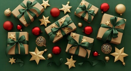 Festive display of Christmas gifts, red baubles, and golden stars on a green background, creating a joyful and elegant setting perfect for holiday celebrations