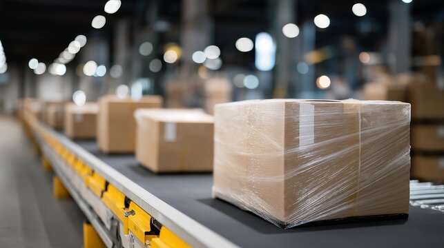 A row of neatly wrapped pallets loaded with goods in a modern fulfillment center, shrink-wrap glistening under LED lights while conveyor belts move products in the background — e-commerce