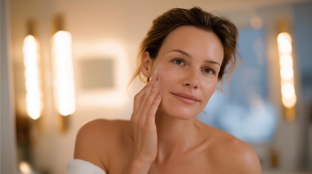 A woman using an electric facial cleansing brush at her vanity, circular motion creating soft foam as LED mirror lights create a spa-like glow — skincare grooming, beauty tech routine, and - Powered by Adobe