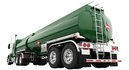 Isolated green tank truck semi-trailer for transporting gasoline oil, tanker truck vehicle
