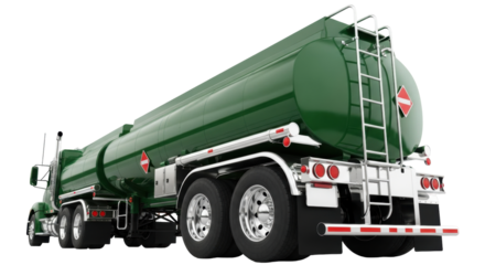 Isolated green tank truck semi-trailer for transporting gasoline oil, tanker truck vehicle
