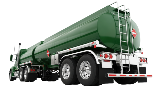 Isolated green tank truck semi-trailer for transporting gasoline oil, tanker truck vehicle