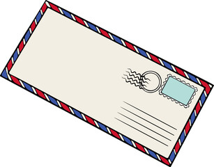 Long postal envelope envelope front side in perspective. For mail, messages, correspondence, communication design. Simple vector color illustration with outline in hand drawn style isolated on white