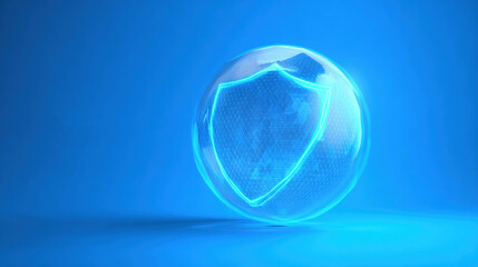 Digital shield concept with glowing lines on a blue background. A futuristic shield is encased in a glowing sphere, representing security and protection.