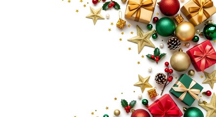Festive Christmas Ornaments and Gifts on White Background