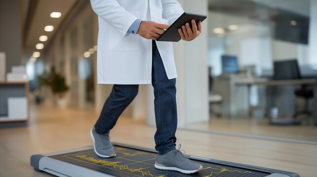 A patient walking across a gait-analysis mat as an orthopedic specialist monitors real-time pressure maps and foot alignment data on a tablet — advanced orthopedic diagnostics, biomechanical