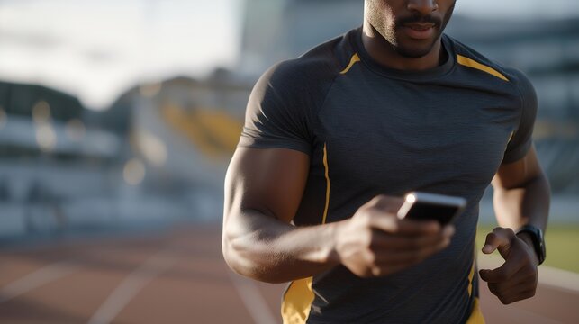 A wearable tech prototype being tested by an athlete on a track field, biometric data streaming to a smartphone app — performance technology, product testing in real conditions, and sports