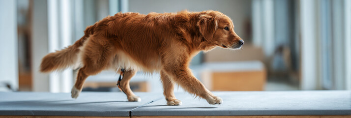 A golden retriever with a prosthetic hind leg carefully walks on a platform in a bright indoor dog gym, focusing on rehabilitation and exercise in a supportive environment, banner