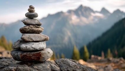 Stacked balancing stones in mountain landscape, symbol of harmony, meditation and zen mindfulness concept with calm natural background