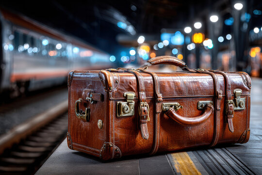 Vintage Leather Suitcase at Train Station Platform at Night