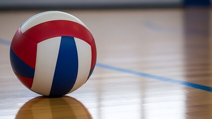 Patriotic volleyball on a gym floor with reflection and blue line