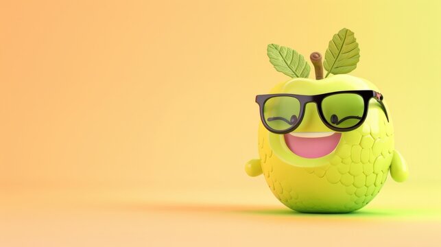 A Cheerful Cartoonish Green Apple Character Wearing Sunglasses with Leaves, Exuding Happiness and Playfulness on a Vibrant Orange Gradient Background