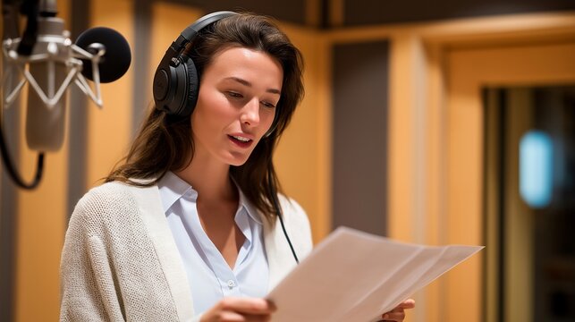 A voice actor reading from a script in a soundproof booth, surrounded by acoustic foam panels and monitoring their performance through studio headphones &mdash; voice-over production, audio clarity, and