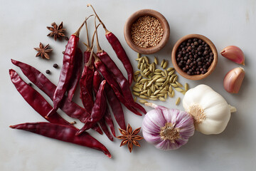 四川スパイスの風味豊かなフラットレイ &mdash; レシピサイト・アジアン料理広告向けスパイス背景