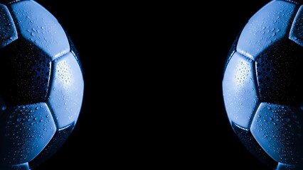 Symmetrical soccer balls on black background with blue lighting effect