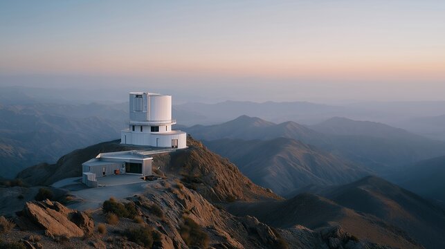 A remote desert observatory surrounded by silence and sand, telescope pointed toward the horizon during a striking orange twilight — isolated research station, atmospheric astronomy, and peaceful