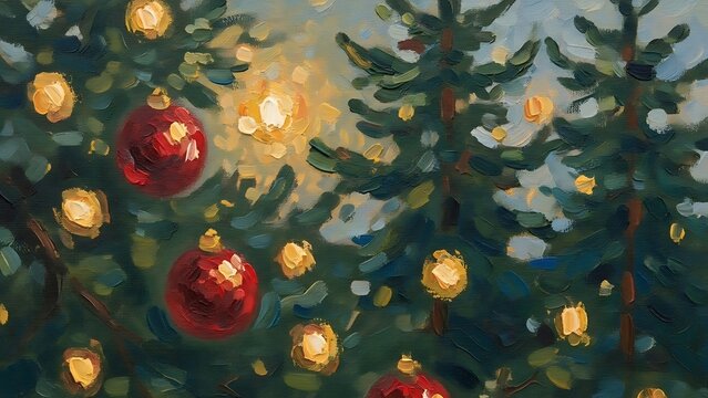 Impressionist Painting of Decorated Evergreen Branches with Baubles