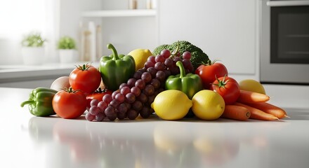 A vibrant assortment of fresh raw fruits and vegetables arranged on a clean white kitchen counter, symbolizing a healthy diet and nutritious cooking