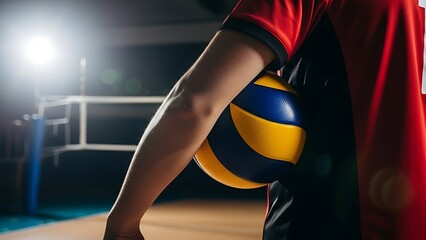 Volleyball player holding ball in gym after game or practice