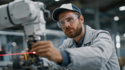 An engineer calibrating a robotic arm using laser alignment tools, fine-tuning each joint’s position as red beams trace perfect lines across the workstation — industrial automation, robotics