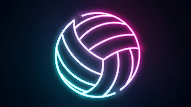 Neon volleyball illustration with pink and blue glowing lines on black