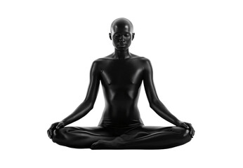 Black mannequin seated in lotus position for meditation practice, isolated on a transparent background