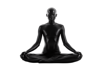 Black mannequin seated in lotus position for meditation practice, isolated on a transparent background
