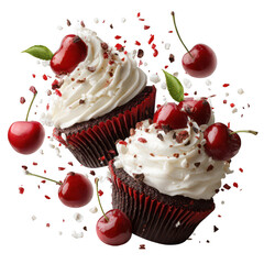 Two chocolate cupcakes with cherries on transparent background