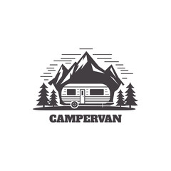 Isolated mobile house logo. Campervan trailer icon. Family van for country living. Vintage portable wagon logotype