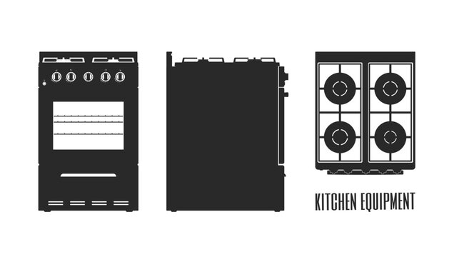 Black silhouette of kitchen stove. Front, side and top views. Electric oven blueprint. Domestic gas equipment template. Cooking appliance drawing