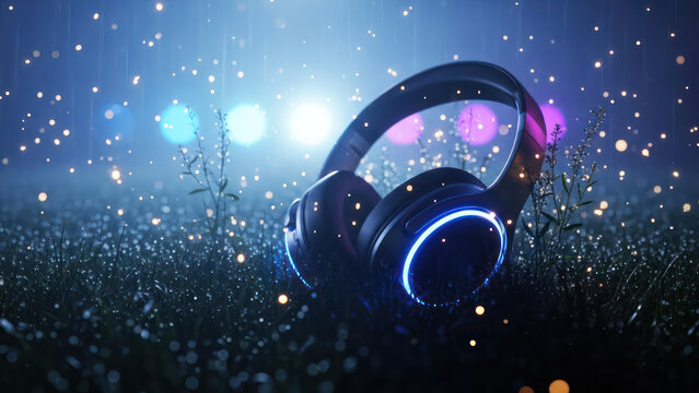 Immersive audio experience with modern headphones glowing on a magical meadow, capturing the serenity of music in a fantastical setting, perfect for tech and lifestyle campaigns - Powered by Adobe