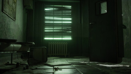 Obraz premium Faint green light filters through cracked blinds, illuminating a dusty room filled with scattered debris. An old radiator and forgotten furniture hint at a lost time gone by.