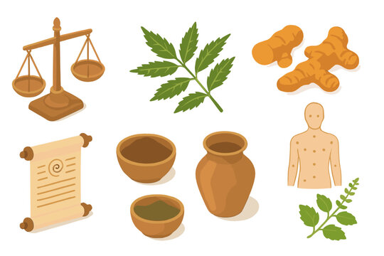 Isometric Ayurveda Elements. Isometric vector illustration set of Traditional medicine: ayurvedic balance scale, neem leaves,