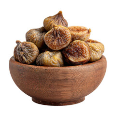 Dried figs in a wooden bowl isolated on transparent background