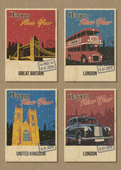 New Year Greeting Cards, United Kingdom Main Attractions Postcards Retro Illustrations. London Tower Bridge, Red Bus, Taxi Cab, Westminster Abbey