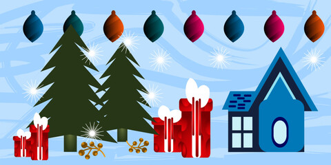 Christmas Winter Scene with Gifts, Trees, Ornaments, and House