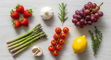 Overhead shot of fresh fruits, vegetables, and herbs including strawberries, asparagus, grapes, tomatoes, and rosemary, perfect for healthy cooking and balanced nutrition