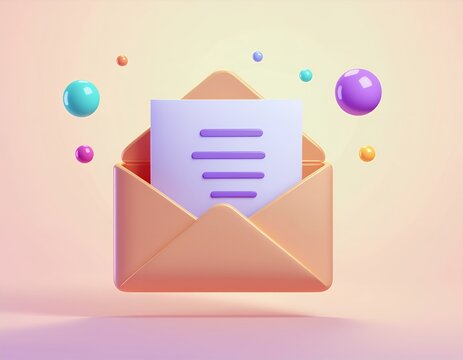 A modern 3D illustration of an open envelope containing a letter, surrounded by colorful spheres.