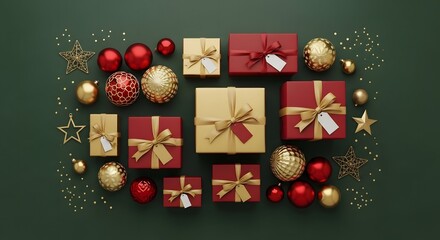 Luxurious flat lay of red and gold Christmas gift boxes with bows, sparkling ornaments, and confetti, creating a joyful and elegant holiday celebration display on a deep green surface