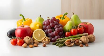 A vibrant assortment of fresh fruits, vegetables, and nuts arranged on a clean white surface, representing a healthy and balanced diet