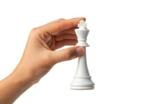 Hand holding white king chess piece with cross crown upright, isolated on a transparent background