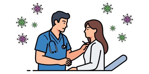 Doctor Providing Consultation and Patient Support Surrounded by Virus Symbols