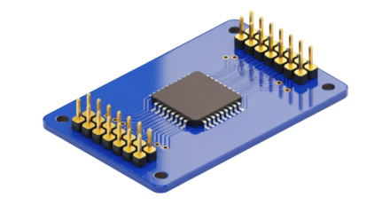 Isolated blue microcontroller board with pins for electrical engineering applications, tech device