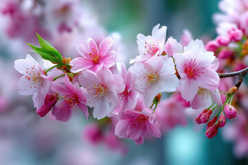 Obraz premium Closeup of delicate pink cherry blossoms on a branch