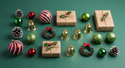 A festive flat lay arrangement of Christmas decorations including gift boxes, baubles, pine cones, and bells on a green background