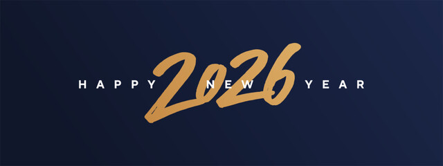 Happy New Year 2026 horizontal banner or header for website, greeting card or poster. 2026 logo text design with handwritten gold numbers 2026 on night blue background