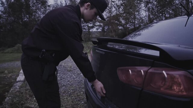 4k Crime Shot of Detective looking at Victim in the Car Boot