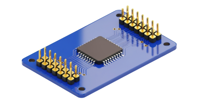 Isolated blue microcontroller board with pins for electrical engineering applications, tech device